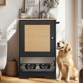 Feeding Station With 1 Locker, Pet Feeding Station With 2 Overhead Dog Bowls, Side Hooks, Anti-Tipping Kit, Concealed Pet Feeding Station For Fee (Color: Black)